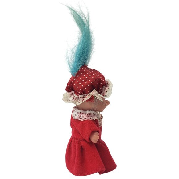 Vintage Russ Troll Doll Red Lace Dress Polka Dot Hat & Blue Hair 90s Retro - Picture 3 of 4